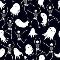 Vector pattern with cute ghosts and dancing skeletons