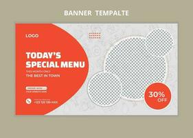 banner web de marketing en redes sociales del menú de comida del restaurante. miniatura de video de promoción de venta en línea de pizza, hamburguesa o hamburguesa. fondo del sitio web de comida rápida. volante de comida con logo e icono de negocio. vector