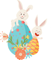 konijntjes karakter. zittend Aan ei, glimlachen grappig, gelukkig Pasen tekenfilm konijnen met eieren, bloem.png png