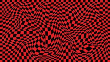 Futuristic checkerboard wave. Abstract vector wave with moving squares. Chess board black and red background