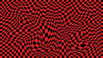 Futuristic checkerboard wave. Abstract vector wave with moving squares. Chess board black and red background