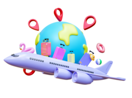Summer vacation and travel concept. Flight airplane travel tourism plane trip planning world tour luggage with pin location. Leisure touring holiday summer concept.3d rendering png