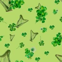 Shamrock and harp seamless pattern, watercolor leaves on green vector