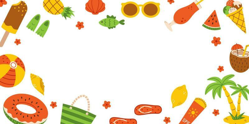 Vector summer frame with copy space. Background with palm tree, ice cream, sunglasses, lemon, cocktail, coconut, watermelon. Happy tropical illustration for beach party. Summer template for text.