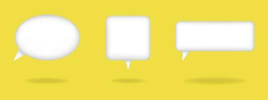 Vector set of 3d speech bubbles. White message dialog balloons on yellow background. 3d chat icons with shadow under them. Talking or chatting boxes.