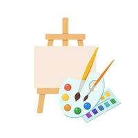 Art supplies. Paints, brushes, watercolor, palette, easel cartoon flat vector illustrations. Painting tools items