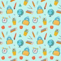 Back to school vector seamless pattern. Background with stationery, globe, clock