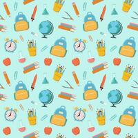 Back to school vector seamless pattern. Background with stationery, globe, clock