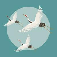 White flying cranes on the sky with the moon. Poster, postcard, vector