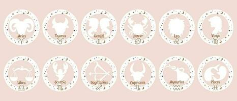 Astrology zodiac signs set, mystical round icons. Esoteric symbols for logo or icons. Pastel colors, vector