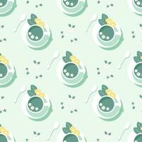 Seamless pattern, cups with mint tea with lemon slices, top view. Illustration, background, vector