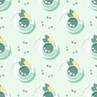 Seamless pattern, cups with mint tea with lemon slices, top view. Illustration, background, vector