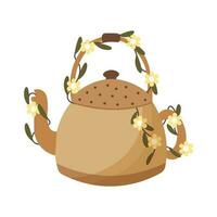 Cute teapot decorated with small flowers. Drink illustration, vector