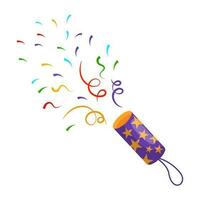 Exploding party popper with ribbons, confetti and serpentine. Holiday icon, vector