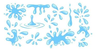 Set of blue water drops and splashes on a white background. Clipart set. Vector