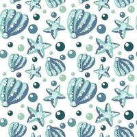 Vector print with a seamless pattern of blue seashell and starfish on a white background. Marine animals swim. Design of vector illustrations for fashionable fabrics, textile graphics, prints