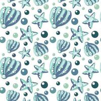 Vector print with a seamless pattern of blue seashell and starfish on a white background. Marine animals swim. Design of vector illustrations for fashionable fabrics, textile graphics, prints