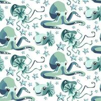 Vector print with a seamless pattern of blue octopus, fish, jellyfish on a white background. Marine animals swim. Design of vector illustrations for fashionable fabrics, textile graphics, prints