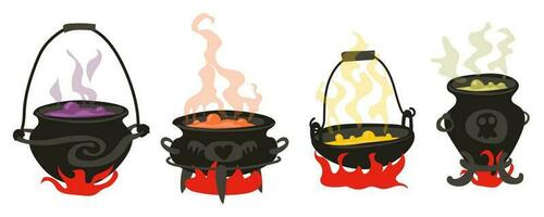 A set of witch cauldrons with boiling colored potions. Ancient varieties of boilers with stand over the fire. Old witch boilers on three legs and suspended with steam. Isolated vector illustration