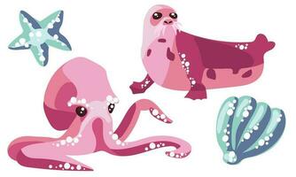 mini conjunto con rosado pulpo, sello y azul concha, estrella de mar. linda animales nadar en aislamiento en un blanco antecedentes. colección de pegatinas en el tema de marina animales con burbujas resumen formas vector