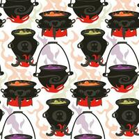 A pattern of witch cauldrons with colored potions, steam from cauldrons and fire. Cauldron, potion, sprayer. Background in the Halloween color scheme. Printing of gift packaging, textiles. Abstract vector