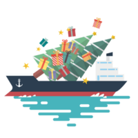 Cargo ship carrying christmas tree and gift boxes png