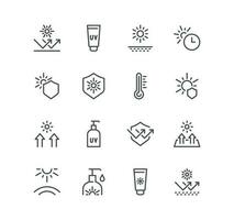 Set of sun protection related icons, sunscreen, uv rays exposure time and linear variety vectors. vector