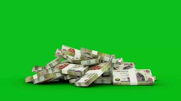 3d animation of stacks of Egyptian pound notes falling on greenscreen floor. You can Key out or remove background to replace with a custom one. 3d rendering video