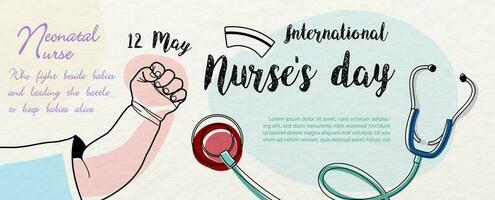 Closeup and crop hand of baby and stethoscope in outline drawing style with slogan and wording of nurse day, example texts on circle colors and white background. vector