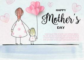 Mother and her daughter in kid drawing and watercolors style with wording of mother's day and example texts on blue paper pattern background. vector