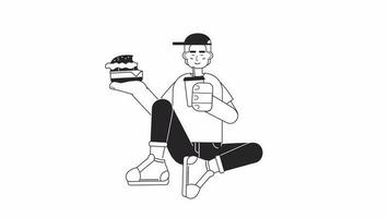 Teen eating fast food bw animation. Teenager with soft drink, cheeseburger isolated 2D flat monochromatic thin line character 4K video footage on white with alpha channel transparency for web design