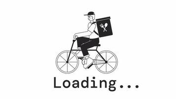 Bike courier bw loader animation. Delivery on electric bicycle. Flash message 4K video footage. Isolated monochrome loading progress indicator with alpha channel transparency for UI, UX web design