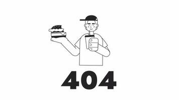 Eating fast food bw 404 animation. Teen in fastfood cafe. Empty state 4K video concept footage with alpha channel transparency. Monochromatic error flash message for web page not found, UI design