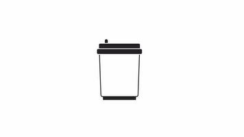 Animated bw coffee cup to go. Black and white thin line icon 4K video footage for web design. Cafe drinkware with lid isolated monochromatic flat object animation with alpha channel transparency