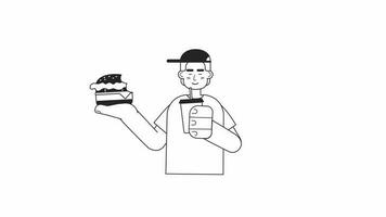 adolescent profiter nourriture bw animation. Masculin étudiant en buvant avec cheeseburger isolé 2d plat monochromatique mince ligne personnage 4k vidéo métrage sur blanc avec alpha canal transparence pour la toile conception video