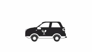 Animated bw catering service car. Black and white thin line icon 4K video footage for web design. Food delivery vehicle isolated monochromatic flat object animation with alpha channel transparency