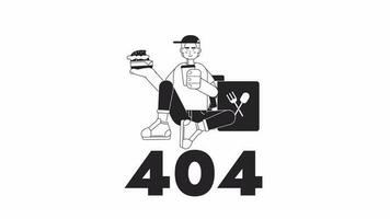 Entrega pausa bw 404 animação. velozes Comida restaurante trabalhador. esvaziar Estado 4k vídeo conceito cenas com alfa canal transparência. monocromático erro instantâneo mensagem para rede página não encontrado, ui Projeto video