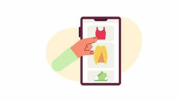 geanimeerd kleren op te slaan app. vegen online winkel 2d tekenfilm vlak animatie. mode ecommerce Aan telefoon eerste visie hand- 4k video concept beeldmateriaal Aan wit met alpha kanaal transparantie voor web ontwerp