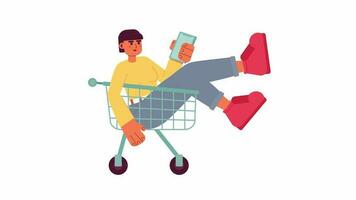 Internet shopping animation. Animated girl with phone rushing on shopping trolley 2D cartoon flat character. Buying 4K video concept footage on white with alpha channel transparency for web design