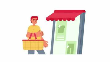 Buying in online store animation. Animated guy holding shopping basket 2D cartoon flat character. Mobile commerce 4K video concept footage on white with alpha channel transparency for web design