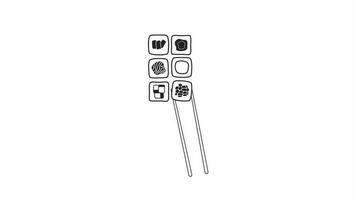 Animated bw chopsticks with maki. Black and white thin line icon 4K video footage for web design. Japanese cuisine isolated monochromatic flat object animation with alpha channel transparency