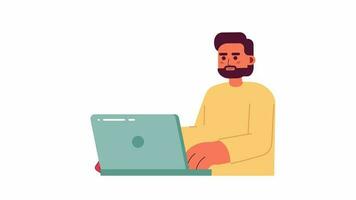 Making payment online animation. Animated man at laptop pulling out credit card 2D cartoon flat character. Transaction 4K video concept footage on white with alpha channel transparency for web design
