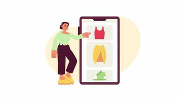 Choosing clothes online animation. Animated woman putting outfits together in app 2D cartoon flat character. Ecommerce 4K video concept footage on white with alpha channel transparency for web design