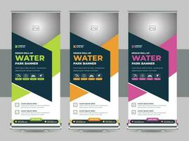 Modern Corporate Roll Up Banner Design Stand Template in multiple eye catching color Red, Blue and Orange for Business corporation or agency with presentation vector