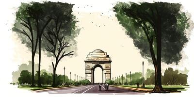 illustration of India gate in New Delhi on abstract flag tricolor background. . photo