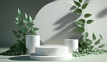 3D white podium for beauty skincare products display. stand to show cosmetic product. . photo