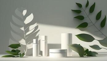 3D white podium for beauty skincare products display. stand to show cosmetic product. . photo