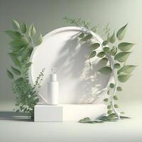 3D white podium for beauty skincare products display. stand to show cosmetic product. . photo
