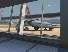 View of a passenger plane from the airport terminal window. Vector. vector