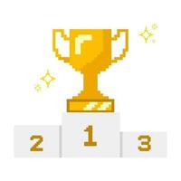 Gold trophy pixel art on the on the podium with sparkling star. vector